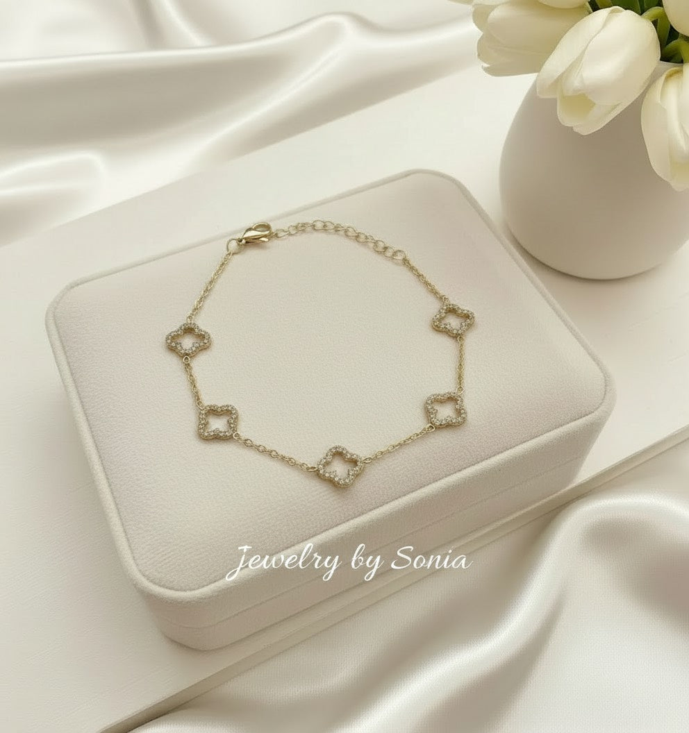 Bracelet à 5 Trèfles en Strass en Acier Inoxydable