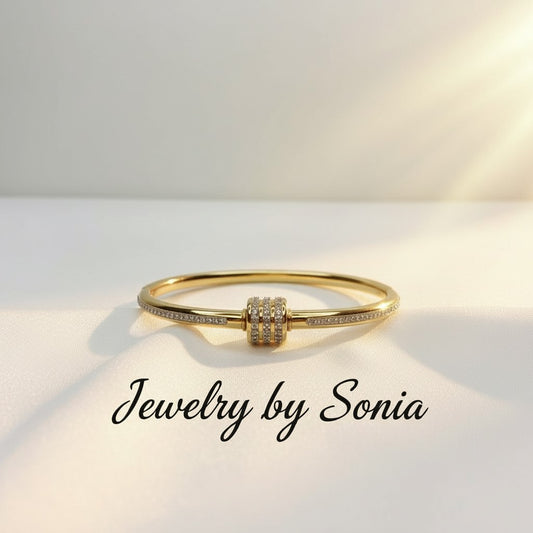 Bracelet Manchette Ouvrant Sertie de Strass avec Boule Centrale – Acier Inoxydable