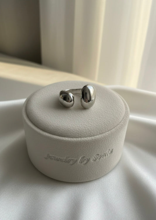 Bague double perle bombée argentée