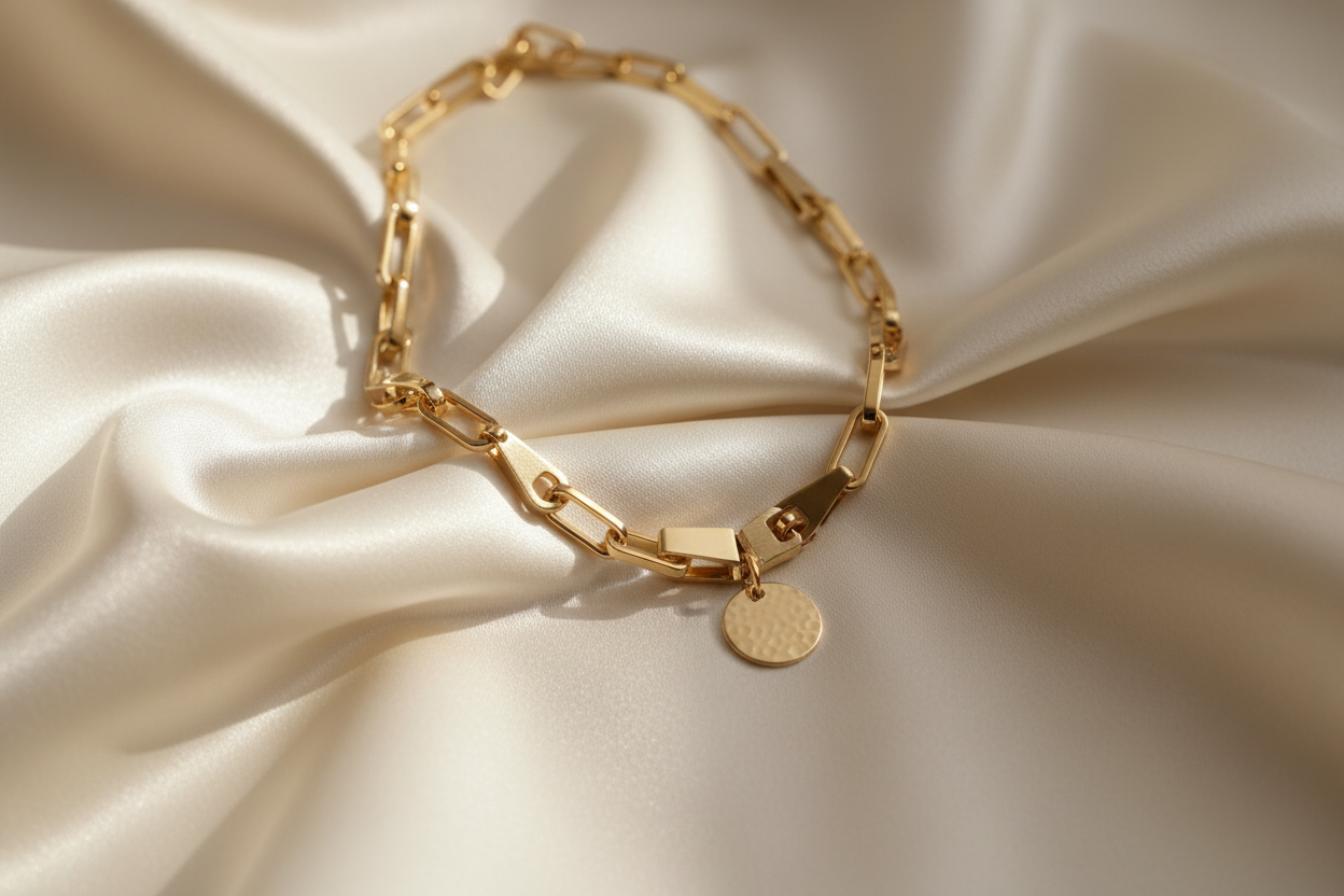 non un bijou dore en acier poser sur de la sois